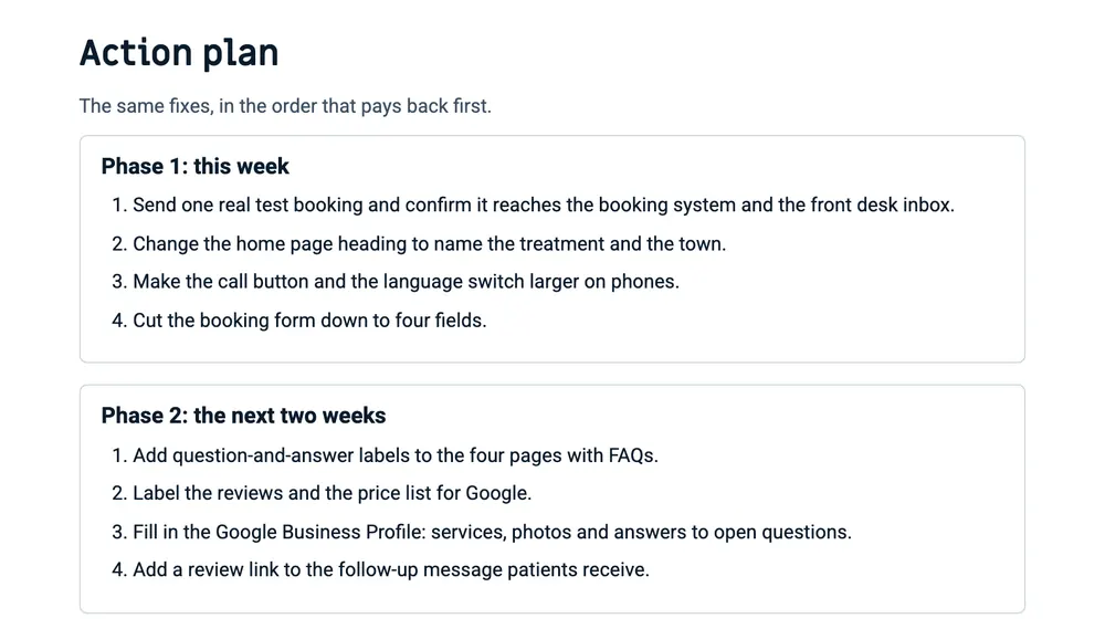 The to-do list page of an example report, with fixes for this week listed first and fixes for the next two weeks below them.