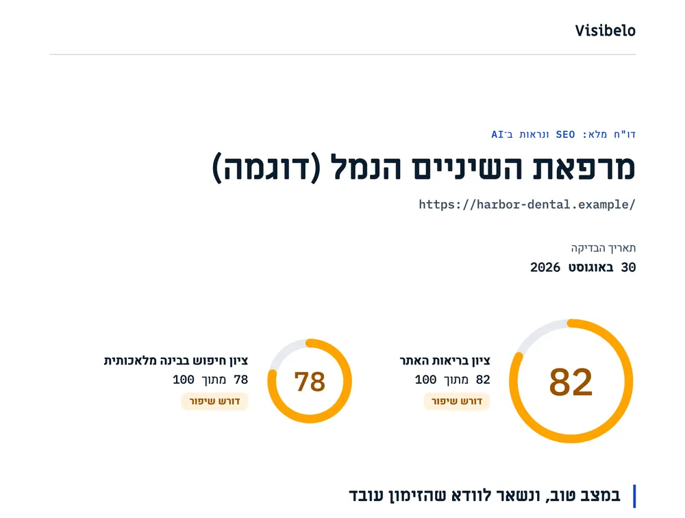 עמוד השער של דו"ח לדוגמה עבור מרפאת שיניים שכונתית, עם ציון כללי וציון נראות ב־AI בשתי טבעות.