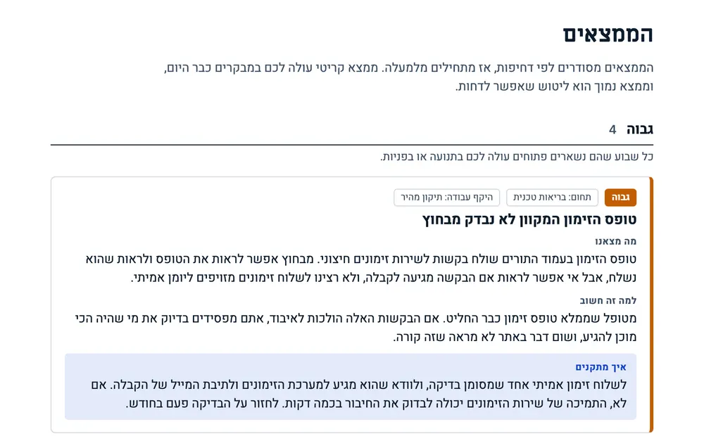 בעיה אחת מתוך דו"ח לדוגמה, עם תווית תחום וכמות עבודה, ואחריהן מה מצאנו, למה זה חשוב ותיבה מוצללת של איך מתקנים.